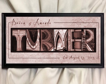 your name or words in architecture FRAMED 10&quot; x 20&quot; personalized art print, photo letters, alphabet