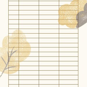 Op de afbeelding: Een inkomentracker-blad getiteld INCOME TRACKER DIRECT DEPOSIT met een tabel met kolommen voor DATE, LOCATION, CATEGORY en AMOUNT. Het ontwerp bevat een crèmekleurige achtergrond met gouden en grijze maan-, ster- en bladillustraties.