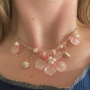 Dainty Handmade Cherry Blossom inspired necklace with Freshwater Pearls