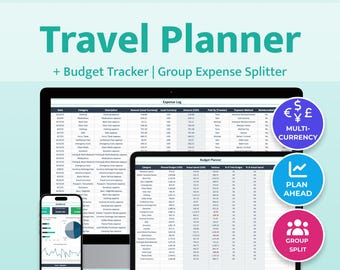 May include: A digital travel planner displayed on a desktop computer, tablet, and smartphone. The screens show spreadsheets with expense logs and budget trackers. The image includes the text "Travel Planner" and icons for multi-currency, planning, and group splitting.