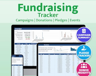 May include: A digital fundraising tracker displayed on a computer monitor, tablet, and smartphone. The green text reads "Fundraising Tracker" with options for campaigns, donations, pledges, and events. Includes campaign summary, pledge tracker, and donor insights.
