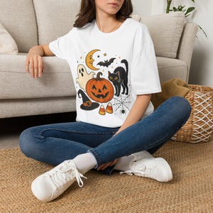 Halloween Cats Pumpkin Ghosts T-Shirt | Spooky Moon Bat Graphic Tee