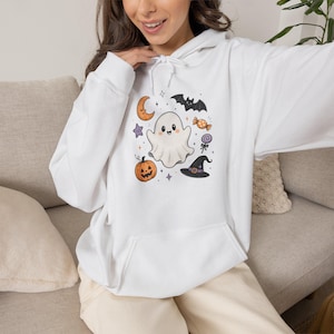 Spökpumpa-häxhatt Halloween-hoodie | Nyckfull läskig säsongströja