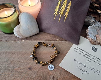 SPIRITUAL TIGER EYE Stretch Bracelet; Stamped Charm; Gift Bag, Balance Emotions, Courage, Strength, Power, Strong Protection Jewelry