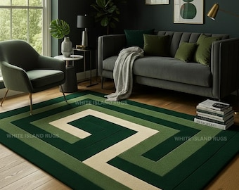Handmade Green Geometric Wool Area Rug - Modern Tufted Carpet