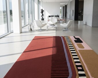 Alfombra moderna abstracta hecha a mano con mechones – Lujosa lana de algodón, calidad artesanal.