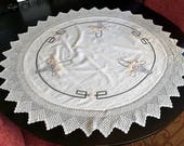 Arts and Crafts Round Tablecloth Crochet Edge Basket Design Natural Linen Embroidery