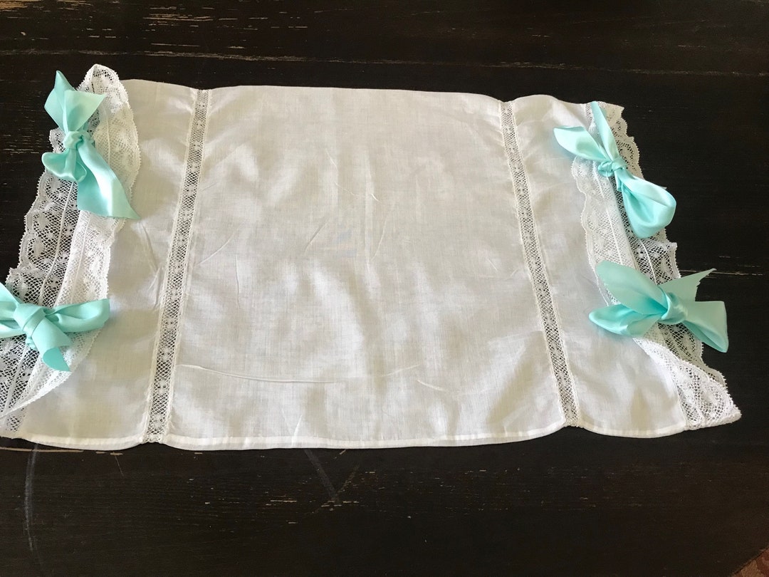 Vintage Bolster Pillow Case Lace Teal Ribbon Etsy