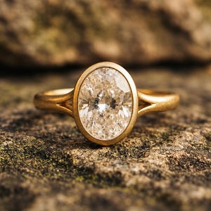 Oval Moissanite Engagement Ring, 14K Gold Bezel Set Solitaire Ring, Split Shank Minimalist Promise Ring, Vintage Style Bridal Jewelry