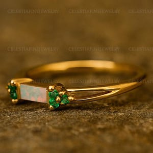 Dainty Opal and Emerald Ring 14K Yellow Gold Minimalist Stacking Ring October Birthstone Jewelry Unique Promise Ring Delicate Gemstone Gift