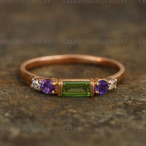 Peridot And Amethyst Ring, 18k Rose Gold Vermeil, 925 Sterling Silver Ring, Women&#39;s Engagement Ring, Handmade Wedding Jewelry, Gift For Her