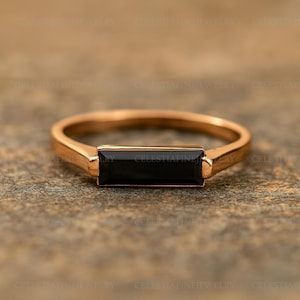 Natural Black Onyx Ring, Rectangle Bar Gemstone Ring, 18k Rose Gold, 925 Sterling Silver Ring, Handmade Ring, Wedding Jewelry, Gift For Her