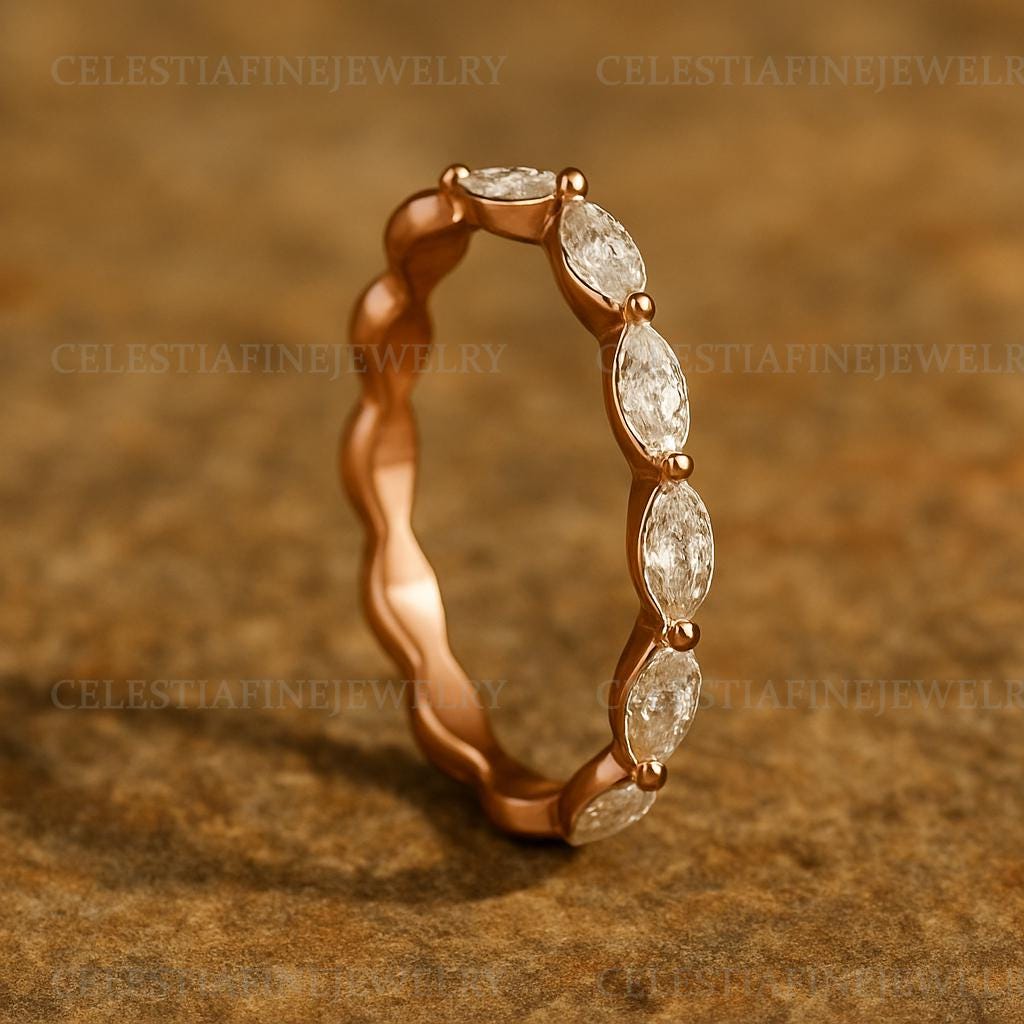 Marquise Diamond Wedding Band Yellow Gold | Full Eternity Stacking Ring ...