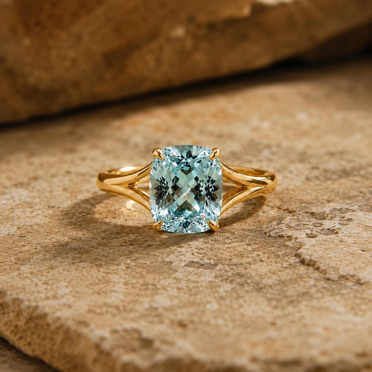 Aquamarine 14K Yellow Gold Ring Minimalist Ring Cushion Split Shank…