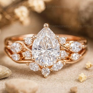 Pear Cut Moissanite Rose Gold Engagement Ring, Vintage Floral Vine Bridal Ring, Unique Wedding Band, Women’s Anniversary Gift Jewelry