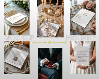 Może przedstawiać: Makiety papeterii ślubnej, w tym zaproszenia, karty RSVP i menu. Projekty charakteryzują się złotymi akcentami, motywami kwiatowymi i elegancką typografią. Zdjęcia przedstawiają papeterię na stołach z kieliszkami szampana i pierścionkami.