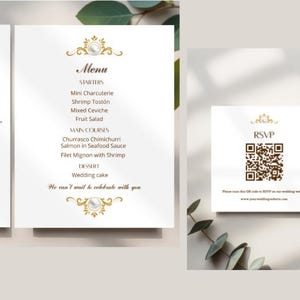 Peut inclure: Ensemble de papeterie de mariage élégante comprenant un menu, une invitation et des cartes RSVP. Les cartes blanches présentent des accents décoratifs dorés et du texte en police serif classique. Le menu répertorie les entrées, les plats principaux et le dessert.