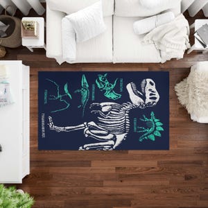 Dinosaur Skeleton Rug Kids Room Carpet | Washable Non-Slip Prehistoric Fossil Print Area Rug | Custom Size Dino Kids Bedroom Decor