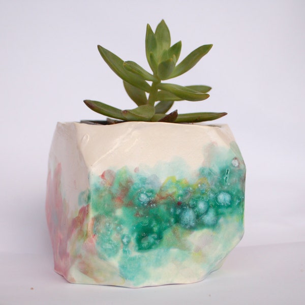 Medium, colorful geometric planter- greens, reds and purples