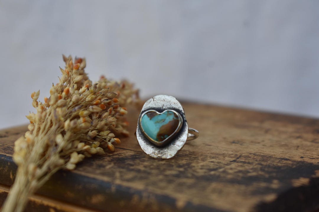 Kingman Turquoise & Sterling Silver Heart Ring - Etsy