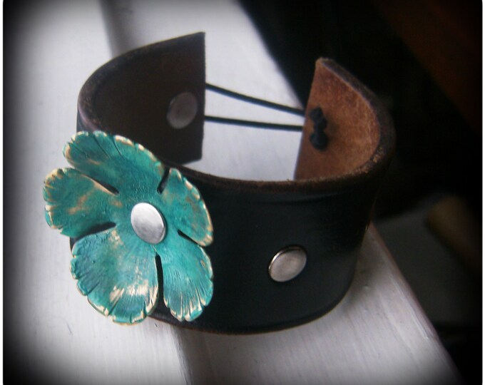 Leather Cuff Bracelet Patina Poppy Flower - Etsy