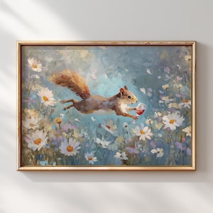 Flying Squirrel Painting Whimsical Animal Wall Art Cute Woodland Decor with Wine Glass Funny Animal Print Floral Artwork Digital Download