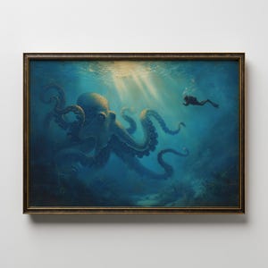 Giant Octopus Wall Art Print Underwater Painting with Diver Deep Sea Ocean Digital Download Marine Wildlife Artwork Nautical Home Decor