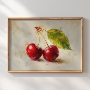 Cherry Still Life Painting | Vintage Kitchen Artwork | Rustic Fruit Wall Poster | Farmhouse Food Illustration | Classic Oil Style Printable