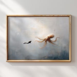 Octopus Wall Art Diver Painting Ocean Sea Life Print Marine Animal Artwork Nautical Decor Digital Download Underwater Fantasy Printable