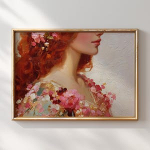 Floral Red Hair Woman Wall Art Feminine Portrait Painting Romantic Beauty Print Vintage Style Artwork Digital Download Elegant Home Decor