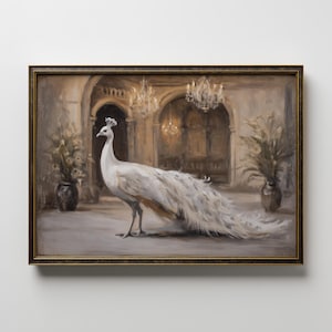 May include: An oil painting of a white peacock with a long, flowing tail, standing in a grand hall. The artwork features a detailed, ornate gold frame, chandeliers, and vases of flowers, creating an elegant, vintage aesthetic.