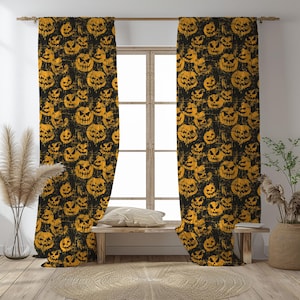 Spooky Jack O&#39;Lantern Halloween Curtains: Gothic Black Window Drapes