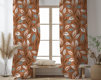 Terracotta Leaf Curtain: Boho Farmhouse Window Panel, Custom Size