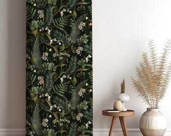 May include: Dark green floral curtain panel featuring a botanical pattern of ferns, clovers, and small white flowers. The design has a vintage aesthetic, with detailed illustrations of leaves and blossoms. The curtain is a decorative element for home decor.