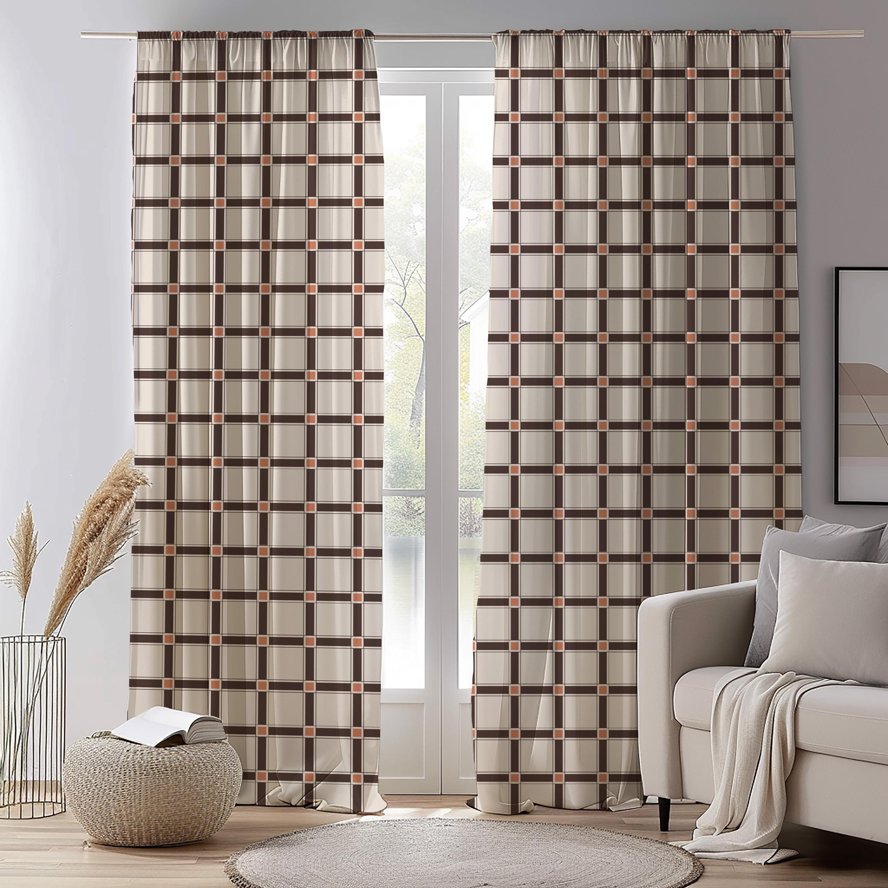 Brown Plaid Curtain Panel, Checkered Window Drape, Modern Farmhouse Mid