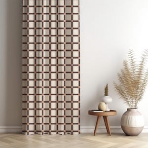 Brown Plaid Curtain Panel, Checkered Window Drape, Modern Farmhouse Mid Century Style