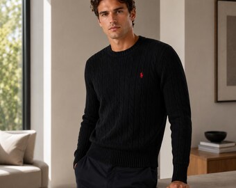 Black Cable-Knit Cotton Sweater, Knitted Jumper for Men, Casual Crew Neck Sweater for Men, Winter Knitwear Pullover, Fashion Knitted Sweater