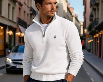 Quarter-Zip Sweater, Men's Zipper Neck Jumper, Casual Knit Sweater for Men, Long Sleeve Pullover Top, Smart Casual Menswear, Fashion Wear
