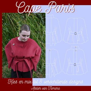 Peut inclure: Une cape rouge avec une ceinture à nouer et une broche sur la poitrine. L'image comprend des dessins au trait blanc des variantes de design de la cape, le texte "Cape Paris", ainsi que "Kies en mix tot 8 verschillende designs" et "Atelier van Tamara".