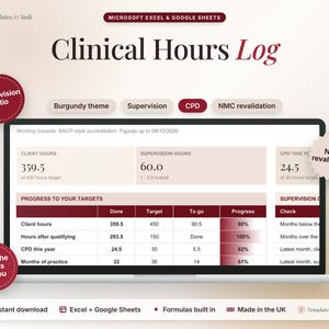 Może przedstawiać: Cyfrowy szablon dziennika godzin klinicznych dla Microsoft Excel i Google Sheets w kolorze bordowym. Interfejs zawiera tabele godzin pracy z klientem, godzin nadzoru oraz postępów CPD z danymi liczbowymi i paskami postępu.