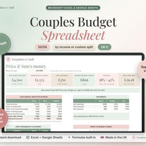 Hoja de cálculo para presupuestos de parejas en el Reino Unido, divisor de gastos conjuntos y seguimiento de ahorros compartidos (Excel + Google Sheets)