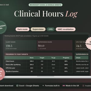 Może przedstawiać: Cyfrowy szablon dziennika godzin klinicznych dla programów Microsoft Excel i Google Sheets wyświetlony na ekranie laptopa. Interfejs utrzymany jest w ciemnozielonych i czarnych odcieniach, zawierający tabele danych śledzące godziny pracy z klientem, superwizję, CPD oraz postępy w rewalidacji NMC.