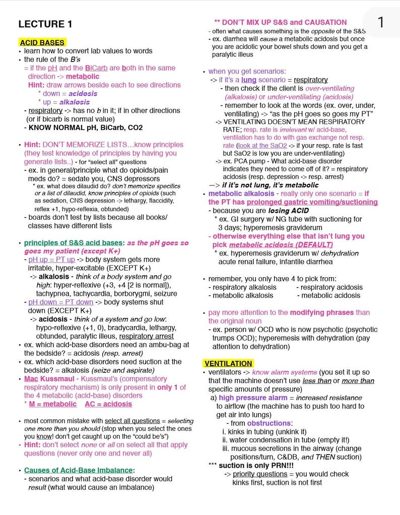 Peut inclure: Une page d'un manuel m&eacute;dical intitul&eacute; "Lecture 1" avec des notes manuscrites sur l'&eacute;quilibre acide-base, y compris des d&eacute;finitions, des causes et des sc&eacute;narios cliniques. Le texte est &agrave; l'encre noire avec des sections surlign&eacute;es.