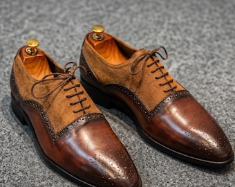 Brown Cap Toe Oxford Shoes, Two Tone Suede Leather Dress Footwear, Handmade Formal Mens Shoes