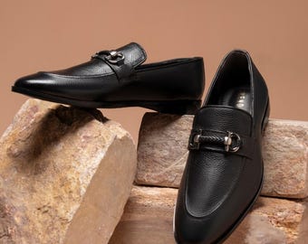 Handmade Men’s Black Leather Loafers with Metal Bit | Classic Formal Slip-On Shoes