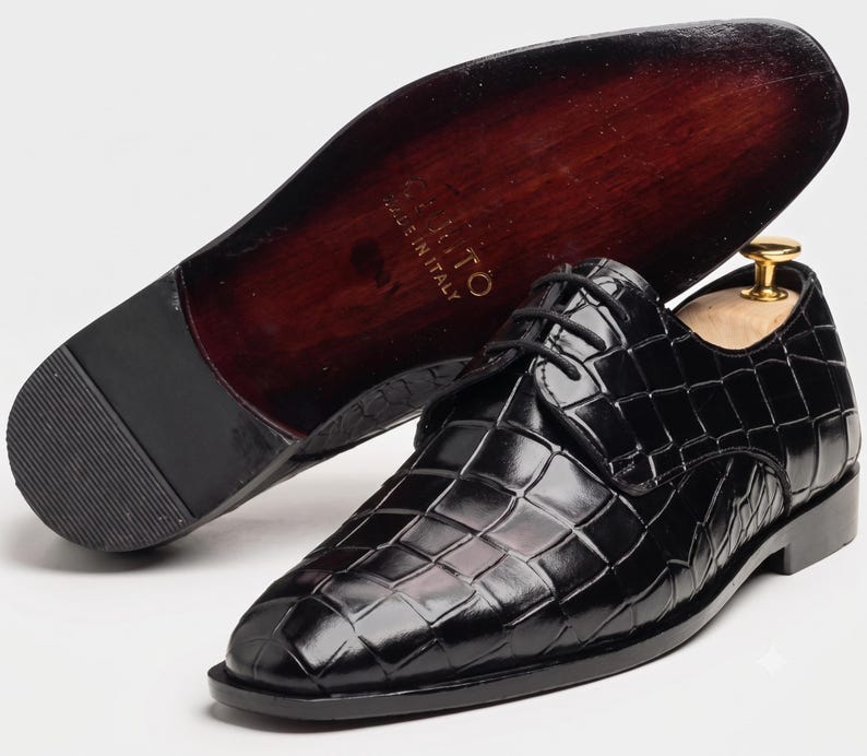 Handmade Black Leather Oxford Shoes, Crocodile Embossed, Italian Style Dress Footwear image 1