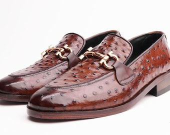 Handmade Brown Ostrich Pattern Leather Loafers | Luxury Slip-On Shoes with Gold Buckle