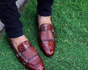 Handgefertigte Alligator Präge Leder Doppel Monk Strap Loafers