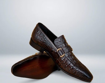Handmade Genuine Leather Alligator Textured Brown Color Slip On Loafers For Men
