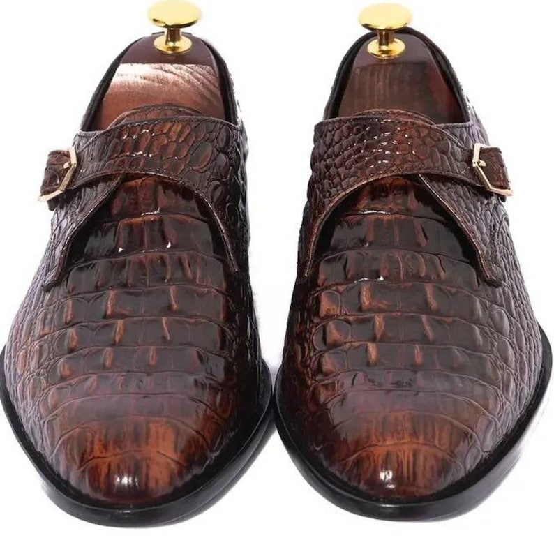 Handgefertigte schwarze Alligator Krokodilleder Single Monk Strap Luxus Slip-On Dress Schuhe für Männer Bild 12
